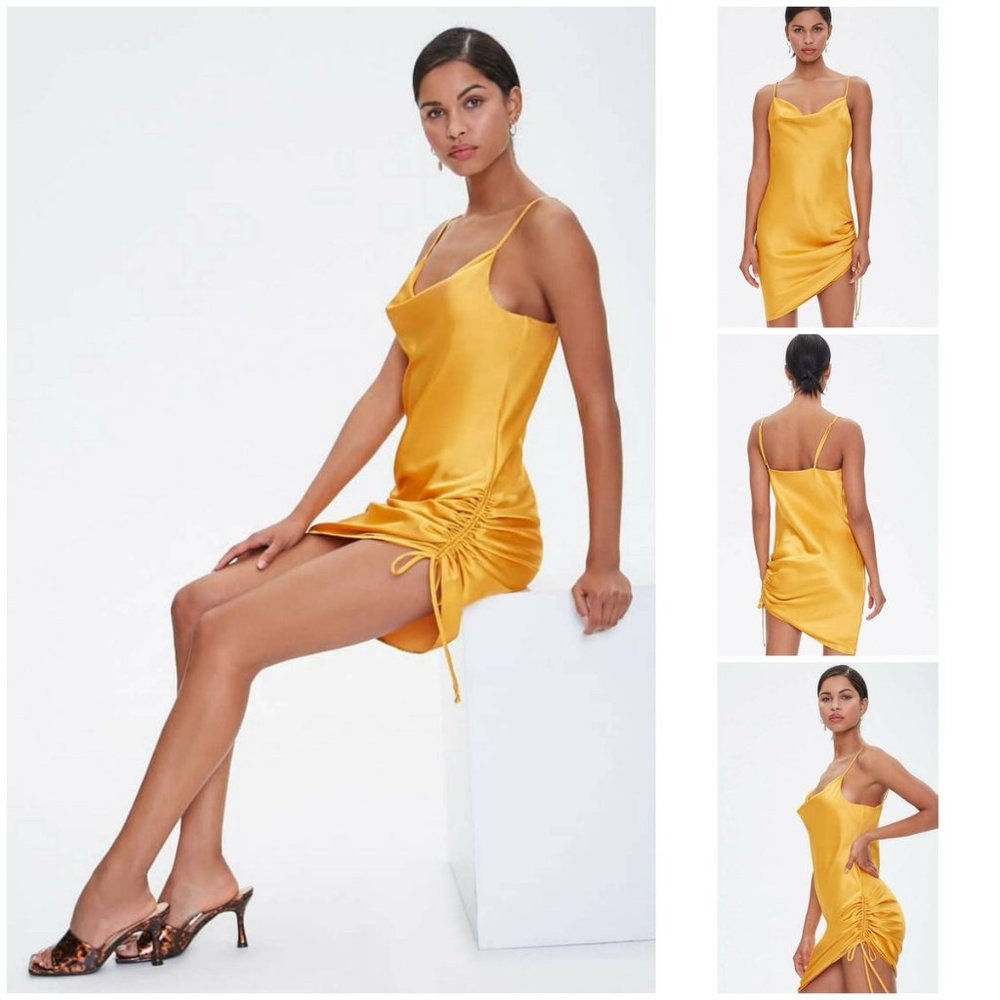 Ruched Yellow Satin Slip Dress Cowl Neck